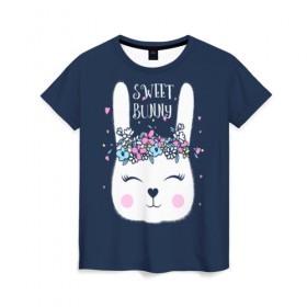 Женская футболка 3D с принтом Sweet bunny в Кировске, 100% полиэфир ( синтетическое хлопкоподобное полотно) | прямой крой, круглый вырез горловины, длина до линии бедер | art | creat | drawing | graphics | picture | белый | влюбленный | графика | день святого валентина | заяц | зеленый | искусство | картинка | кролик | крутой | лучший | любовь | модный | подарок | праздник | пушистый