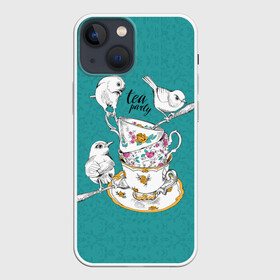 Чехол для iPhone 13 mini с принтом Tea party в Кировске,  |  | art | best | c | creativity | drawing | graphics | phontase | picture | белый | блюдца | вечеринка | графика | зелёный | искусство | картинка | кружки | крутой | ложки | лучший | модный | птицы | расписные | рисунок | розы