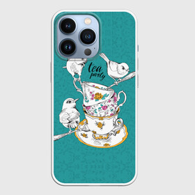 Чехол для iPhone 13 Pro с принтом Tea party в Кировске,  |  | art | best | c | creativity | drawing | graphics | phontase | picture | белый | блюдца | вечеринка | графика | зелёный | искусство | картинка | кружки | крутой | ложки | лучший | модный | птицы | расписные | рисунок | розы