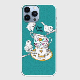 Чехол для iPhone 13 Pro Max с принтом Tea party в Кировске,  |  | art | best | c | creativity | drawing | graphics | phontase | picture | белый | блюдца | вечеринка | графика | зелёный | искусство | картинка | кружки | крутой | ложки | лучший | модный | птицы | расписные | рисунок | розы