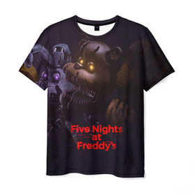Мужская футболка 3D с принтом Five Nights at Freddy`s в Кировске, 100% полиэфир | прямой крой, круглый вырез горловины, длина до линии бедер | five nights at freddy s | game | horror | игры | механические куклы | ночь | охранник | пять ночей у фредди | светящиеся глаза | ужас
