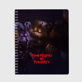 Тетрадь с принтом Five Nights at Freddys в Кировске, 100% бумага | 48 листов, плотность листов — 60 г/м2, плотность картонной обложки — 250 г/м2. Листы скреплены сбоку удобной пружинной спиралью. Уголки страниц и обложки скругленные. Цвет линий — светло-серый
 | five nights at freddy s | game | horror | игры | механические куклы | ночь | охранник | пять ночей у фредди | светящиеся глаза | ужас