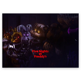 Поздравительная открытка с принтом Five Nights at Freddys в Кировске, 100% бумага | плотность бумаги 280 г/м2, матовая, на обратной стороне линовка и место для марки
 | five nights at freddy s | game | horror | игры | механические куклы | ночь | охранник | пять ночей у фредди | светящиеся глаза | ужас