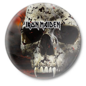 Значок с принтом Iron Maiden в Кировске,  металл | круглая форма, металлическая застежка в виде булавки | Тематика изображения на принте: бас | британия | брюс дикинсон | гитара | группа | дева | железная | метал | нико макбрэйн | рок | стив харрис | хеви | яник герс