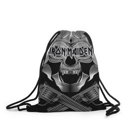 Рюкзак-мешок 3D с принтом Iron Maiden в Кировске, 100% полиэстер | плотность ткани — 200 г/м2, размер — 35 х 45 см; лямки — толстые шнурки, застежка на шнуровке, без карманов и подкладки | бас | британия | брюс дикинсон | гитара | группа | дева | железная | метал | нико макбрэйн | рок | стив харрис | хеви | яник герс