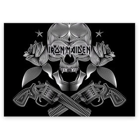 Поздравительная открытка с принтом Iron Maiden в Кировске, 100% бумага | плотность бумаги 280 г/м2, матовая, на обратной стороне линовка и место для марки
 | Тематика изображения на принте: бас | британия | брюс дикинсон | гитара | группа | дева | железная | метал | нико макбрэйн | рок | стив харрис | хеви | яник герс