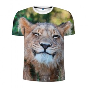 Мужская футболка 3D спортивная с принтом Улыбка львицы в Кировске, 100% полиэстер с улучшенными характеристиками | приталенный силуэт, круглая горловина, широкие плечи, сужается к линии бедра | голова | животные | кот | кошка | лев | лицо | львица | прикол | прикольные | природа | смешные | тигр | тигрица | улыбается | улыбка | юмор
