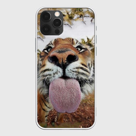 Чехол для iPhone 12 Pro Max с принтом Тигр показывает язык в Кировске, Силикон |  | Тематика изображения на принте: голова | животные | кот | кошка | лев | лицо | прикол | прикольные | природа | смешные 
 животные | тигр | тигрица | юмор | язык
