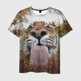 Мужская футболка 3D с принтом Тигр показывает язык в Кировске, 100% полиэфир | прямой крой, круглый вырез горловины, длина до линии бедер | голова | животные | кот | кошка | лев | лицо | прикол | прикольные | природа | смешные 
 животные | тигр | тигрица | юмор | язык