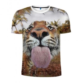 Мужская футболка 3D спортивная с принтом Тигр показывает язык в Кировске, 100% полиэстер с улучшенными характеристиками | приталенный силуэт, круглая горловина, широкие плечи, сужается к линии бедра | голова | животные | кот | кошка | лев | лицо | прикол | прикольные | природа | смешные 
 животные | тигр | тигрица | юмор | язык