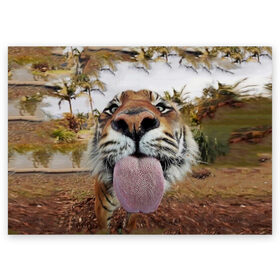 Поздравительная открытка с принтом Тигр показывает язык в Кировске, 100% бумага | плотность бумаги 280 г/м2, матовая, на обратной стороне линовка и место для марки
 | Тематика изображения на принте: голова | животные | кот | кошка | лев | лицо | прикол | прикольные | природа | смешные 
 животные | тигр | тигрица | юмор | язык