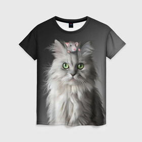 Женская футболка 3D с принтом Кот и мышка в Кировске, 100% полиэфир ( синтетическое хлопкоподобное полотно) | прямой крой, круглый вырез горловины, длина до линии бедер | животные | кот | котенок | кошка | крыса | мышка | мышь | перс | персидский кот | серый