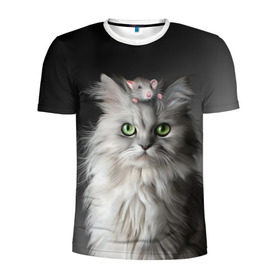 Мужская футболка 3D спортивная с принтом Кот и мышка в Кировске, 100% полиэстер с улучшенными характеристиками | приталенный силуэт, круглая горловина, широкие плечи, сужается к линии бедра | животные | кот | котенок | кошка | крыса | мышка | мышь | перс | персидский кот | серый