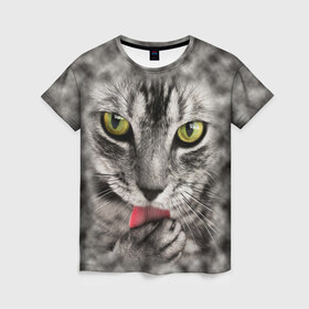 Женская футболка 3D с принтом Котик в Кировске, 100% полиэфир ( синтетическое хлопкоподобное полотно) | прямой крой, круглый вырез горловины, длина до линии бедер | животные | кот | котенок | кошка | лижет | мордочка | серый | умывается | язык