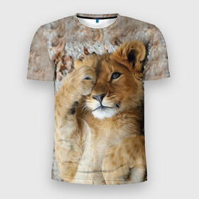 Мужская футболка 3D спортивная с принтом Львенок в Кировске, 100% полиэстер с улучшенными характеристиками | приталенный силуэт, круглая горловина, широкие плечи, сужается к линии бедра | дикая кошка | животные | кот | кошка | лев | львенок | львица | мордочка | природа | тигр | хищник
