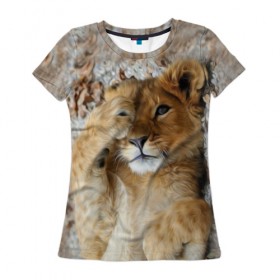 Женская футболка 3D с принтом Львенок в Кировске, 100% полиэфир ( синтетическое хлопкоподобное полотно) | прямой крой, круглый вырез горловины, длина до линии бедер | дикая кошка | животные | кот | кошка | лев | львенок | львица | мордочка | природа | тигр | хищник