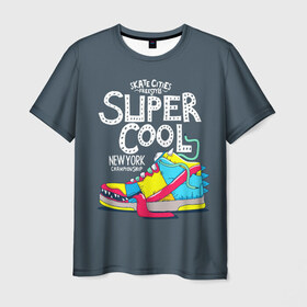 Мужская футболка 3D с принтом Super cool в Кировске, 100% полиэфир | прямой крой, круглый вырез горловины, длина до линии бедер | cham | cities | freestyle | new york | skate | street | style | super cool | бейсболка | глаз | города | зубы | кроссовка | круто | надпись | нью йорк | обувь | символ | скейт | стиль | супер | текст | тёмный | улица | улыбка | фон
