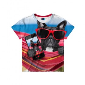Детская футболка 3D с принтом бульдог в Кировске, 100% гипоаллергенный полиэфир | прямой крой, круглый вырез горловины, длина до линии бедер, чуть спущенное плечо, ткань немного тянется | Тематика изображения на принте: бульдог | отдых | очки | собака | телефон | черная собака