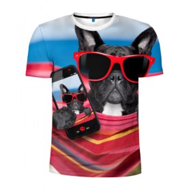 Мужская футболка 3D спортивная с принтом бульдог в Кировске, 100% полиэстер с улучшенными характеристиками | приталенный силуэт, круглая горловина, широкие плечи, сужается к линии бедра | Тематика изображения на принте: бульдог | отдых | очки | собака | телефон | черная собака