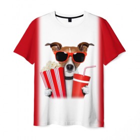 Мужская футболка 3D с принтом собака-киноман в Кировске, 100% полиэфир | прямой крой, круглый вырез горловины, длина до линии бедер | кино | отдых | очки | попкорн | собака | телефон | терьер