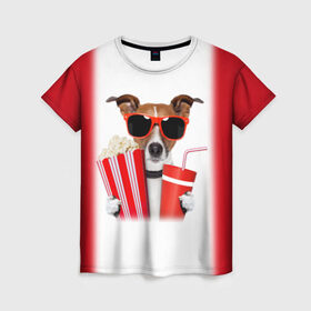 Женская футболка 3D с принтом собака-киноман в Кировске, 100% полиэфир ( синтетическое хлопкоподобное полотно) | прямой крой, круглый вырез горловины, длина до линии бедер | кино | отдых | очки | попкорн | собака | телефон | терьер