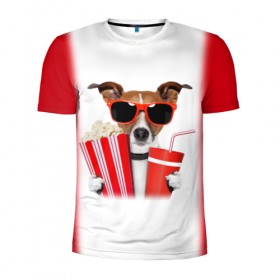 Мужская футболка 3D спортивная с принтом собака-киноман в Кировске, 100% полиэстер с улучшенными характеристиками | приталенный силуэт, круглая горловина, широкие плечи, сужается к линии бедра | кино | отдых | очки | попкорн | собака | телефон | терьер