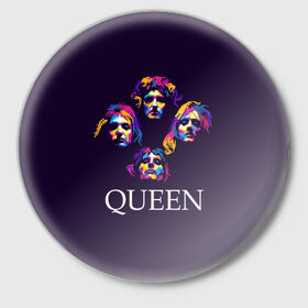 Значок с принтом Queen в Кировске,  металл | круглая форма, металлическая застежка в виде булавки | queen | брайан мэи | британская | группа | джон дикон | королева | роджер тейлор | рок | фредди меркьюри