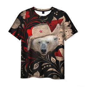 Мужская футболка 3D с принтом Медведь в ушанке в Кировске, 100% полиэфир | прямой крой, круглый вырез горловины, длина до линии бедер | звезда | мишка | патриот | роспись | русский | русь | сибирь | ссср | хохлома | шапка