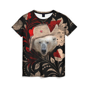 Женская футболка 3D с принтом Медведь в ушанке в Кировске, 100% полиэфир ( синтетическое хлопкоподобное полотно) | прямой крой, круглый вырез горловины, длина до линии бедер | звезда | мишка | патриот | роспись | русский | русь | сибирь | ссср | хохлома | шапка