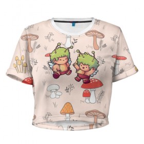Женская футболка 3D укороченная с принтом Грибные человечки в Кировске, 100% полиэстер | круглая горловина, длина футболки до линии талии, рукава с отворотами | mashrooms | в стиле марио | волшебные грибы | гриб | грибной узор | грибочки | девочка с грибом | красный гриб | мир грибов | паттерн грибы | поганки | психоделика | психоз