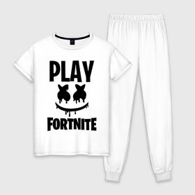 Женская пижама хлопок с принтом FORTNITE x MARSHMELLO в Кировске, 100% хлопок | брюки и футболка прямого кроя, без карманов, на брюках мягкая резинка на поясе и по низу штанин | 2019 | armor | armour | cybersport | esport | fortnite | game | llama | logo | броня | игра | киберспорт | лама | фиолетовый | фирменные цвета | фортнайт