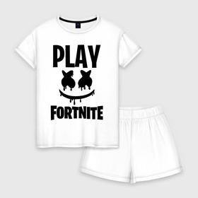 Женская пижама с шортиками хлопок с принтом FORTNITE x MARSHMELLO в Кировске, 100% хлопок | футболка прямого кроя, шорты свободные с широкой мягкой резинкой | 2019 | armor | armour | cybersport | esport | fortnite | game | llama | logo | броня | игра | киберспорт | лама | фиолетовый | фирменные цвета | фортнайт