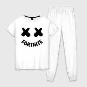 Женская пижама хлопок с принтом FORTNITE x MARSHMELLO в Кировске, 100% хлопок | брюки и футболка прямого кроя, без карманов, на брюках мягкая резинка на поясе и по низу штанин | 2019 | armor | armour | cybersport | esport | fortnite | game | llama | logo | броня | игра | киберспорт | лама | фиолетовый | фирменные цвета | фортнайт