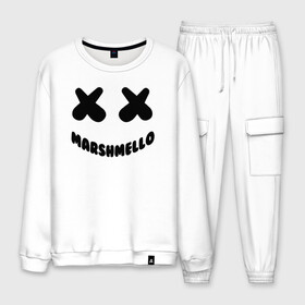 Мужской костюм хлопок с принтом MARSHMELLO в Кировске, 100% хлопок | на свитшоте круглая горловина, мягкая резинка по низу. Брюки заужены к низу, на них два вида карманов: два “обычных” по бокам и два объемных, с клапанами, расположенные ниже линии бедра. Брюки с мягкой трикотажной резинкой на поясе и по низу штанин. В поясе для дополнительного комфорта — широкие завязки | dj | marshmello | usa | америка | клубная музыка | маршмелло | музыка | музыкант