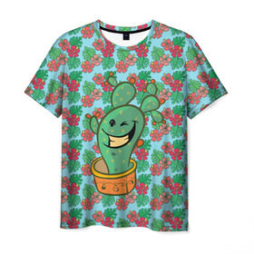 Мужская футболка 3D с принтом Веселый кактус в Кировске, 100% полиэфир | прямой крой, круглый вырез горловины, длина до линии бедер | веселый кактус | зеленый | иголки | кактусы | колючий | летний | лето | настроение | прикольный | радостный | счастье | цветок | цветы | эмоции