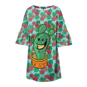 Детское платье 3D с принтом Веселый кактус в Кировске, 100% полиэстер | прямой силуэт, чуть расширенный к низу. Круглая горловина, на рукавах — воланы | Тематика изображения на принте: веселый кактус | зеленый | иголки | кактусы | колючий | летний | лето | настроение | прикольный | радостный | счастье | цветок | цветы | эмоции