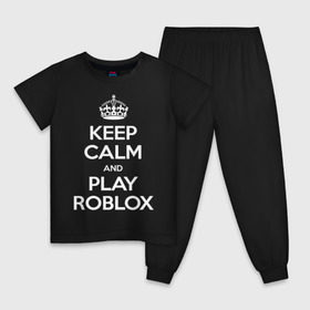 Детская пижама хлопок с принтом Keep Calm and Play Roblox в Кировске, 100% хлопок |  брюки и футболка прямого кроя, без карманов, на брюках мягкая резинка на поясе и по низу штанин
 | Тематика изображения на принте: game | keep calm | logo | play roblox | roblox | детский | замолчи | заткнись | играй | кип калм | лого | логотип | надпись | ребенку | ребенок | роблокс