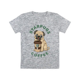 Детская футболка хлопок с принтом Мопс с Кофе (Пародия) в Кировске, 100% хлопок | круглый вырез горловины, полуприлегающий силуэт, длина до линии бедер | coffee | pug | кофе | мопс | собака | собаки