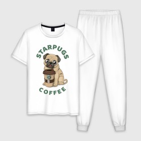 Мужская пижама хлопок с принтом Мопс с Кофе (Пародия) в Кировске, 100% хлопок | брюки и футболка прямого кроя, без карманов, на брюках мягкая резинка на поясе и по низу штанин
 | Тематика изображения на принте: coffee | pug | кофе | мопс | собака | собаки