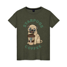 Женская футболка хлопок с принтом Мопс с Кофе (Пародия) в Кировске, 100% хлопок | прямой крой, круглый вырез горловины, длина до линии бедер, слегка спущенное плечо | coffee | pug | кофе | мопс | собака | собаки