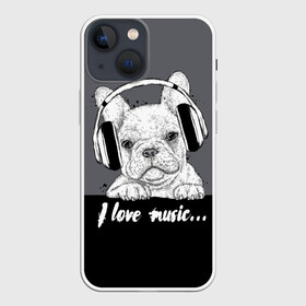 Чехол для iPhone 13 mini с принтом I love music… в Кировске,  |  | animal | black | breed | dog | drawing | fon | graphics | gray | head | headphones | i | inscription | look | love | music | muzzle | text | взгляд | голова | графика | животное | люблю | музыка | надпись | наушники | порода | рисунок | серый | со