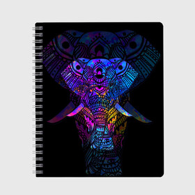 Тетрадь с принтом Слон в Кировске, 100% бумага | 48 листов, плотность листов — 60 г/м2, плотность картонной обложки — 250 г/м2. Листы скреплены сбоку удобной пружинной спиралью. Уголки страниц и обложки скругленные. Цвет линий — светло-серый
 | african | animal | big | bright | colorful | drawing | ears | elephant | ethnic | fangs | gr | ornament | pattern | trunk | африканский | большой | графика | животное | клыки | орнамент | разноцветный | рисунок | слон | трафарет | узор | уши | фон | хобот