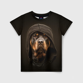Детская футболка 3D с принтом Ротвейлер в капюшоне  в Кировске, 100% гипоаллергенный полиэфир | прямой крой, круглый вырез горловины, длина до линии бедер, чуть спущенное плечо, ткань немного тянется | rottweiler | капюшон | молоссы | пастух | пёс | собака | щенок