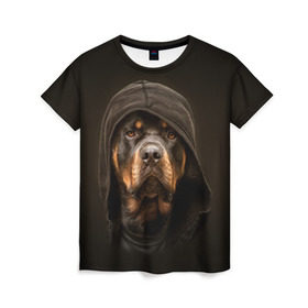 Женская футболка 3D с принтом Ротвейлер в капюшоне в Кировске, 100% полиэфир ( синтетическое хлопкоподобное полотно) | прямой крой, круглый вырез горловины, длина до линии бедер | Тематика изображения на принте: rottweiler | капюшон | молоссы | пастух | пёс | собака | щенок