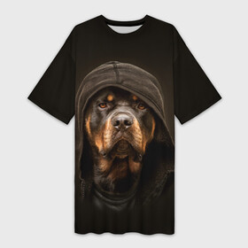 Платье-футболка 3D с принтом Ротвейлер в капюшоне в Кировске,  |  | Тематика изображения на принте: rottweiler | капюшон | молоссы | пастух | пёс | собака | щенок