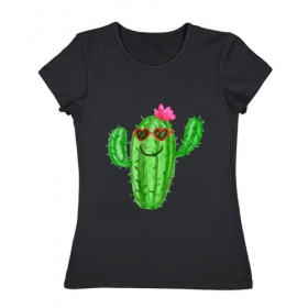 Женская футболка хлопок с принтом Веселый кактус в Кировске, 100% хлопок | прямой крой, круглый вырез горловины, длина до линии бедер, слегка спущенное плечо | 