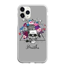 Чехол для iPhone 11 Pro матовый с принтом Breathe в Кировске, Силикон |  | berr | bones | breathe | flowers | skeleton | skull | венок | графика | день мертвых | дышать | звезды | кости | ленты | лучи | мексика | праздник | рисунок | розы | серый | символ | скелет | треугольник | трубка | усы | фон