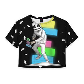 Женская футболка 3D укороченная с принтом Marshmello в Кировске, 100% полиэстер | круглая горловина, длина футболки до линии талии, рукава с отворотами | dj | electro | electronic | marshmello | mask | music | зефир | маршмелоу | музыка