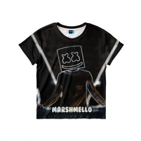 Детская футболка 3D с принтом Marshmello в Кировске, 100% гипоаллергенный полиэфир | прямой крой, круглый вырез горловины, длина до линии бедер, чуть спущенное плечо, ткань немного тянется | marshmello | диджей | клуб | клубная музыка | маршмеллоу | маршмэлло | маршмэллоу | музыка | электронная
