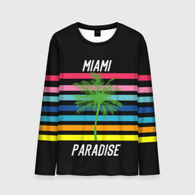 Мужской лонгслив 3D с принтом Miami Paradise в Кировске, 100% полиэстер | длинные рукава, круглый вырез горловины, полуприлегающий силуэт | Тематика изображения на принте: america | city | colorful | drawing | grap | miami | palm tree | paradise | recreation | resort | stripes | tree | usa | world | америка | город | графика | дерево | курорт | майами | мировой | надпись | отдых | пальма | полосы | разноцветные | рай | рису